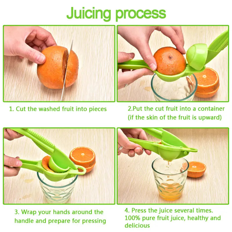 How to use the Juice Jacker: cut the fruit in half, place it in the press and squeeze the handles over a glass