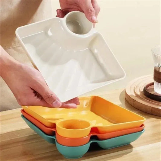Chips and Dip Plates, Plastic Serving Platter Dumpling Plate with Dipping Saucer, Divided Snack Serving Dishes for Appetizer KEIKO