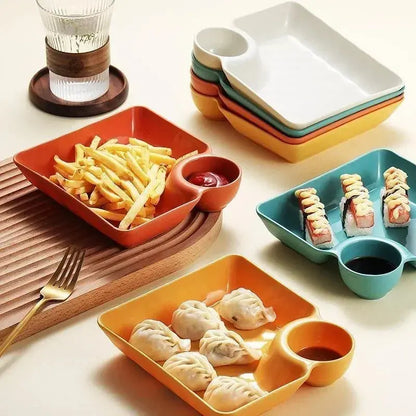 Chips and Dip Plates, Plastic Serving Platter Dumpling Plate with Dipping Saucer, Divided Snack Serving Dishes for Appetizer KEIKO