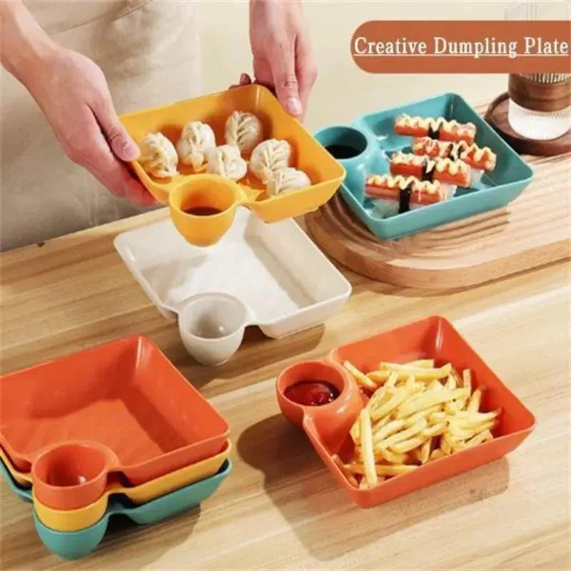 Chips and Dip Plates, Plastic Serving Platter Dumpling Plate with Dipping Saucer, Divided Snack Serving Dishes for Appetizer KEIKO