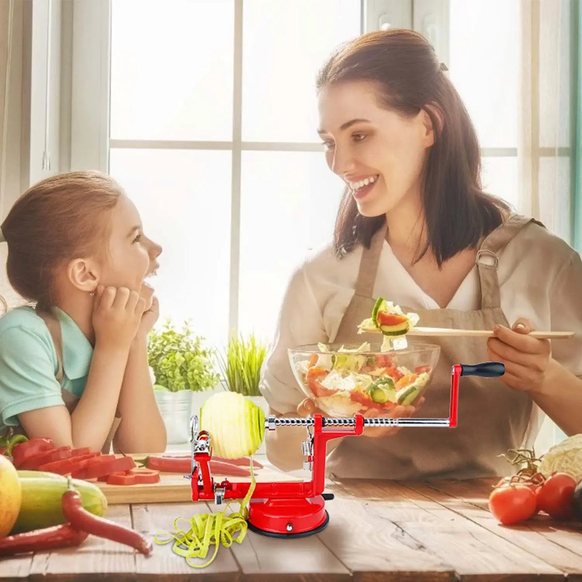 Mother and daughter in a sunny kitchen with the OrchardSpin apple peeler and a bowl of sliced apples