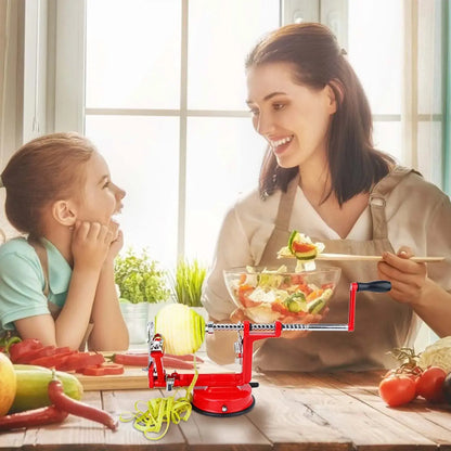 Mother and daughter in a sunny kitchen with the OrchardSpin apple peeler and a bowl of sliced apples