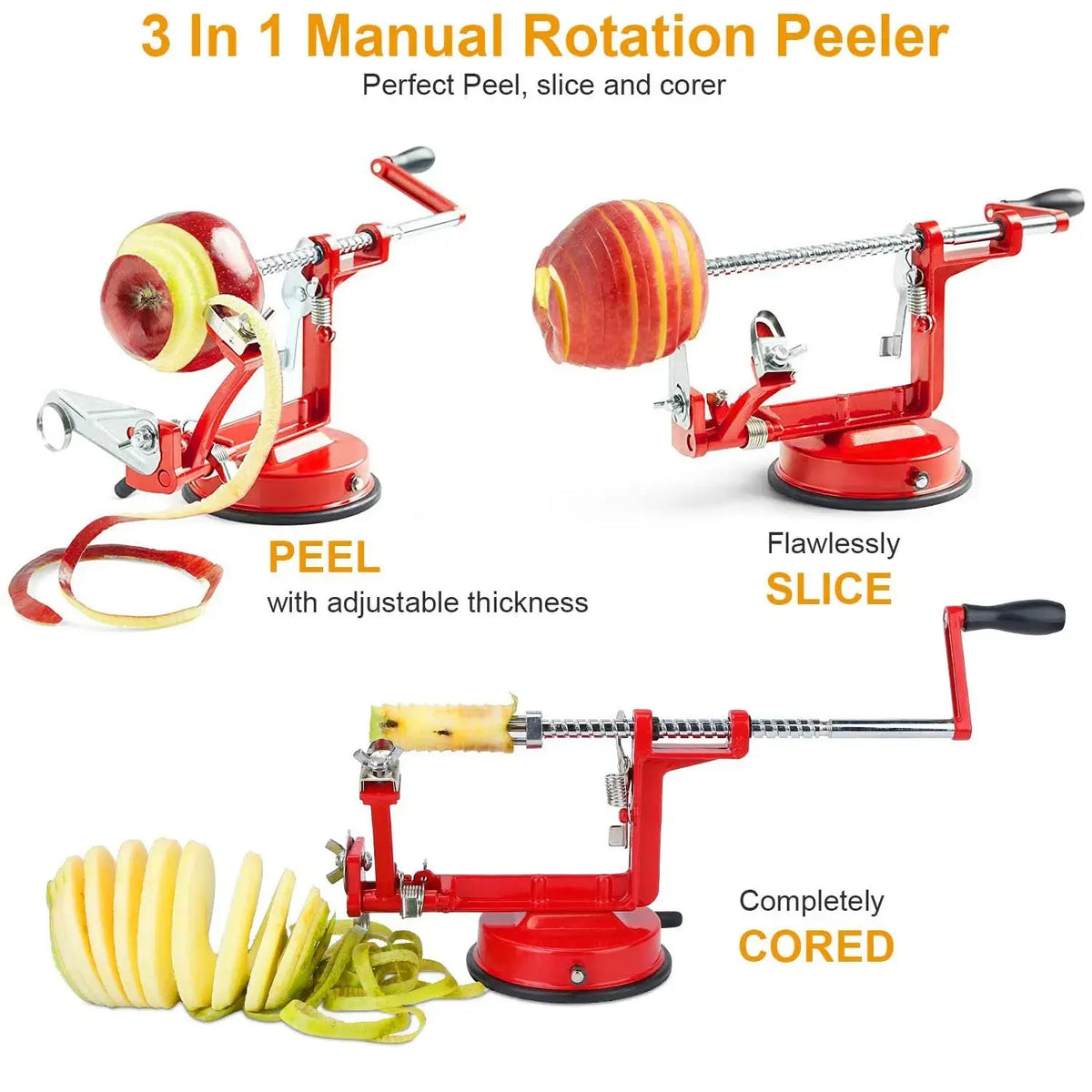 OrchardSpin peels, slices and cores an apple in one turn: peel, slice and core close-ups