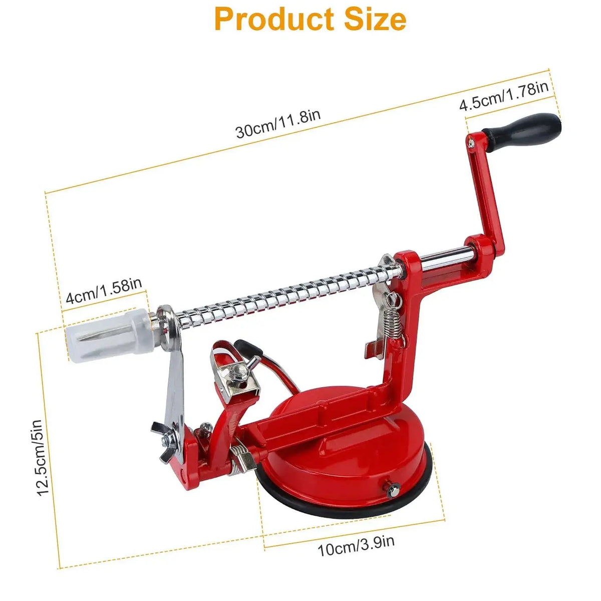 OrchardSpin apple peeler dimensions: 30 x 10 x 12.5 cm (11.8 x 3.9 x 5 in)