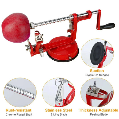 OrchardSpin details: suction base, stainless-steel slicing blade, adjustable peeling blade, rust-resistant shaft