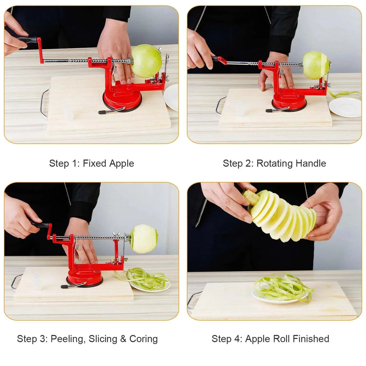How to use the OrchardSpin: fix the apple, turn the handle, peel slice and core, remove the apple spiral